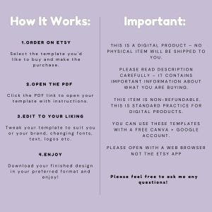 May include: A lilac-colored digital product information sheet with the headings "How It Works" and "Important". The text explains the steps to purchase, open, edit, and enjoy a digital template. It also states the product is digital and non-refundable.