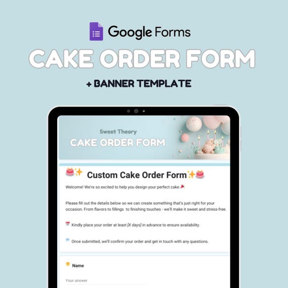 Cake Order Form | Digital Cake Order Form | Online Cake Order Form |  Bakery Order Form | Cookie Order Form | Google Form | Order Form