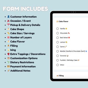 May include: A digital form on a tablet screen lists cake order details. The form includes sections for customer information, occasion, pickup/delivery, cake shape, size, layers, flavor, filling, icing, toppings, and customization options.