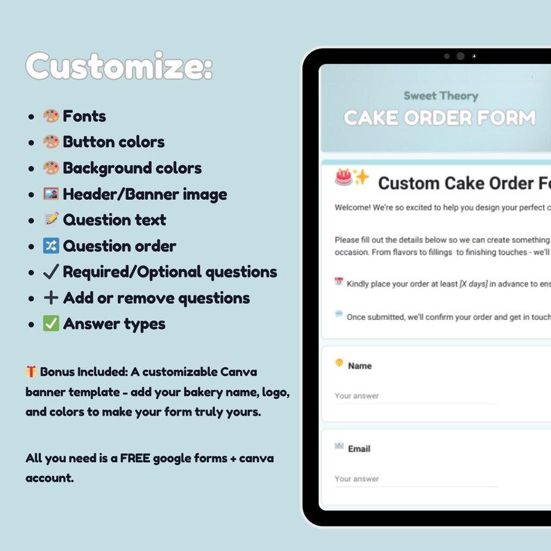 May include: A digital cake order form on a tablet screen, with options to customize fonts, colors, and banner images. The form includes fields for name and email, and the text "Sweet Theory CAKE ORDER FORM" is visible.