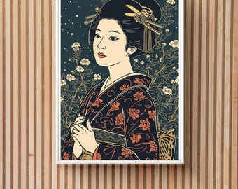 日本の舞妓さんアートプリント - 芸者の肖像画、サイン入り油絵（8x10
