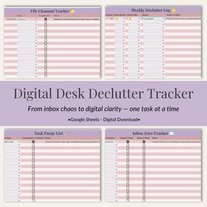 Puede incluir: Descarga digital de Digital Desk Declutter Tracker. La imagen muestra cuatro plantillas de Google Sheets en rosa y blanco para organizar archivos digitales. Las plantillas incluyen secciones para la limpieza de archivos, la limpieza semanal, la purga de tareas y el seguimiento de la bandeja de entrada.