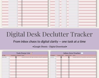 Puede incluir: Descarga digital de Digital Desk Declutter Tracker. La imagen muestra cuatro plantillas de Google Sheets en rosa y blanco para organizar archivos digitales. Las plantillas incluyen secciones para la limpieza de archivos, la limpieza semanal, la purga de tareas y el seguimiento de la bandeja de entrada.