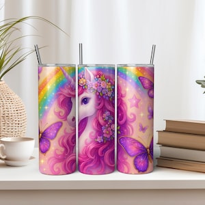 Eenhoorn Tumbler Wrap PNG – Regenboogvlinder 20oz mager sublimatieontwerp – Magical Fantasy digitale download
