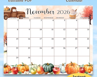 Editable November 2026 Calendar, PDF Editable, Printable Planner, Fillable Organizer for Home, School and Office, Instant Download