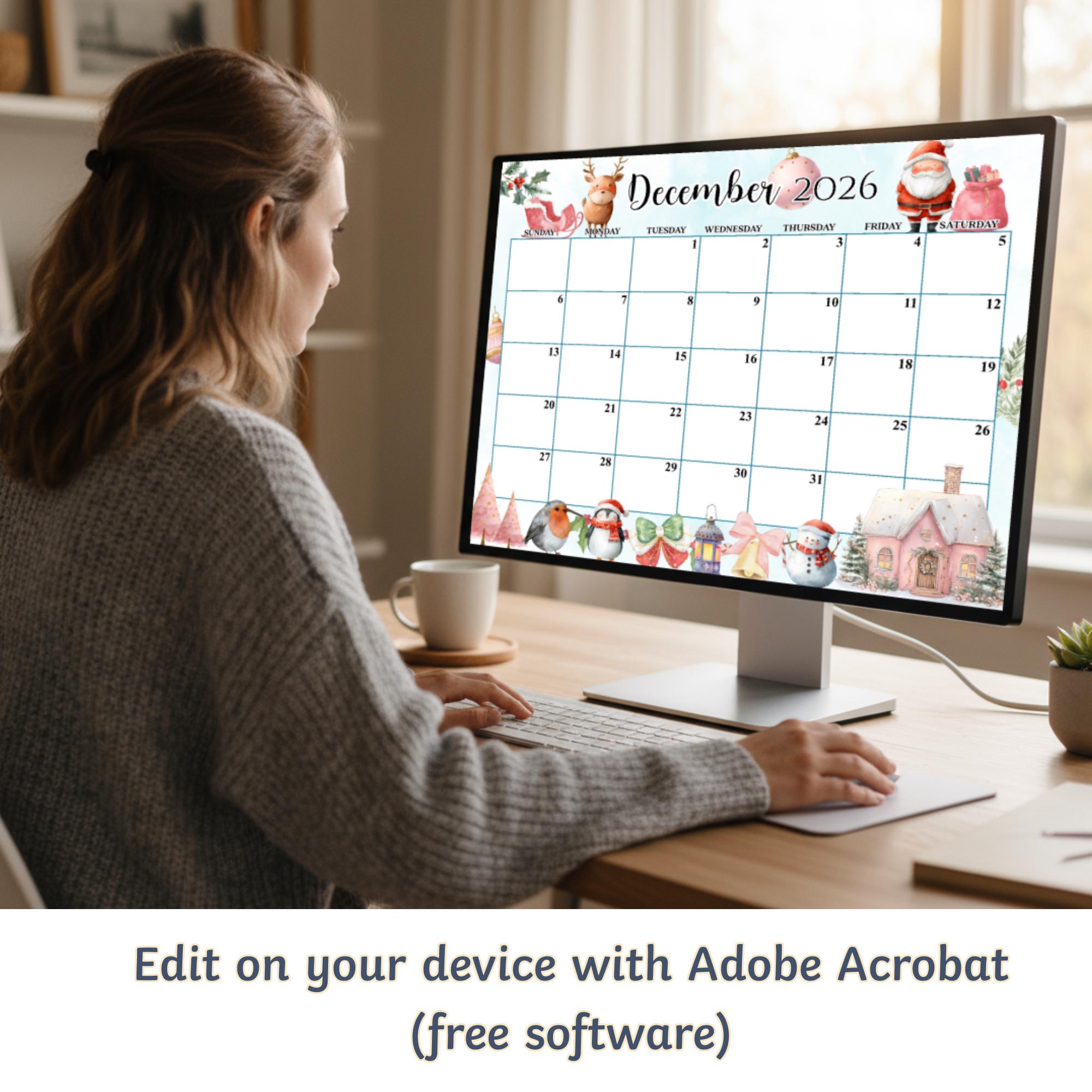 Editable December 2026 Calendar, PDF Editable, Printable Planner ...