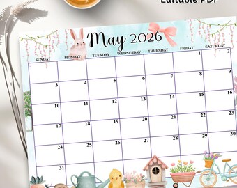 Editable May 2026 Calendar, PDF Editable, Spring Printable Planner, Fillable Organizer for Home, School and Office, Instant Download
