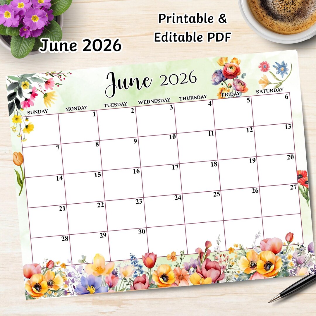 June Wildflowers Calendar, PDF Editable, Spring Floral Printable ...