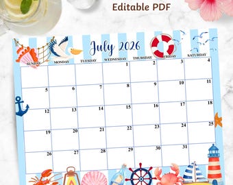 Nautical Ocean July Editable 2026 Calendar, PDF Editable, Summer Beach Printable Planner, Fillable Organizer, Instant Download