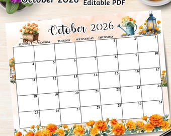 October Birth Month Flower Calendar, PDF Editable, Spring Floral Printable Planner, 2026 Digital Calendar, Instant Download