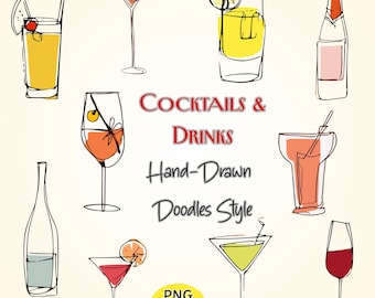 Cocktails and Drinks SVG Bundle, Doodle Clipart, Sketch Style PNG, Bar Graphics, Instant Download