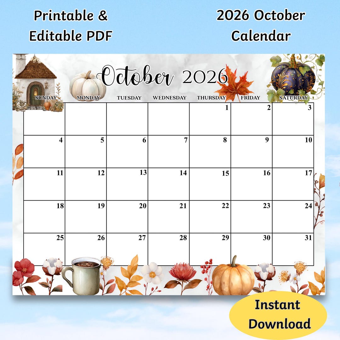 Editable October 2026 Calendar, PDF Editable, Printable Planner ...