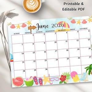 Puede incluir: Calendario de junio de 2026, imprimible y editable en PDF. El diseño presenta una temática de playa con ilustraciones de elementos veraniegos. El texto "Printable & Editable PDF" está en la parte superior.