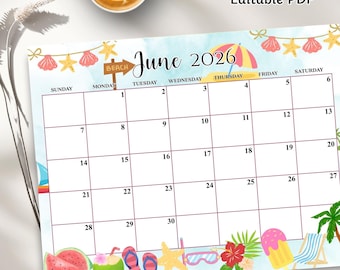 Calendario giugno 2026 modificabile, PDF modificabile, planner estivo stampabile, organizer compilabile per casa, scuola e ufficio, download immediato