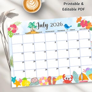 Puede incluir: Una página de calendario de julio de 2026 con temática tropical que incluye palmeras, flores de hibisco, un pájaro azul, un cangrejo, un velero y accesorios de playa. El texto Printable & Editable PDF aparece en la esquina superior derecha.