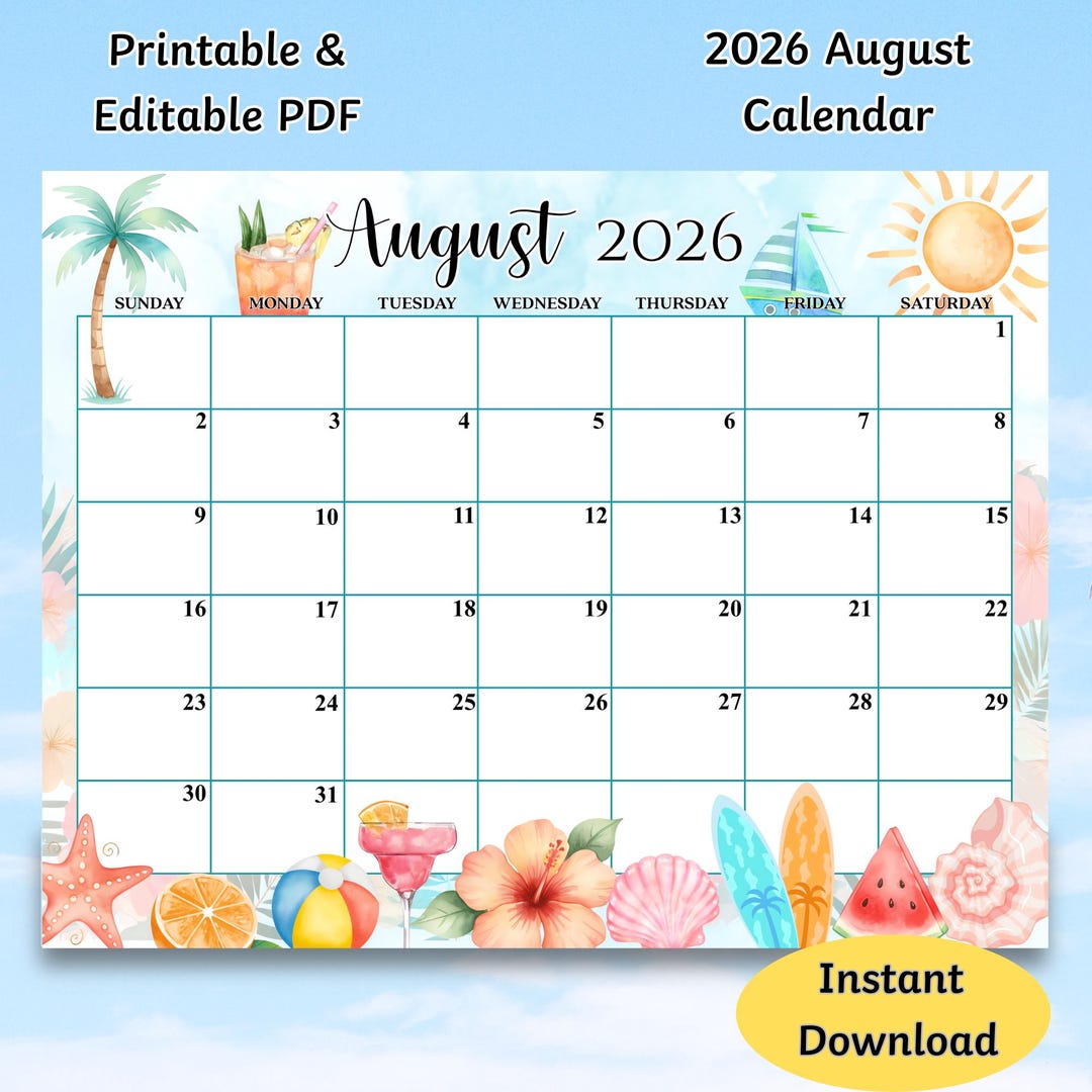 Editable August 2026 Calendar, PDF Editable, Printable Planner ...