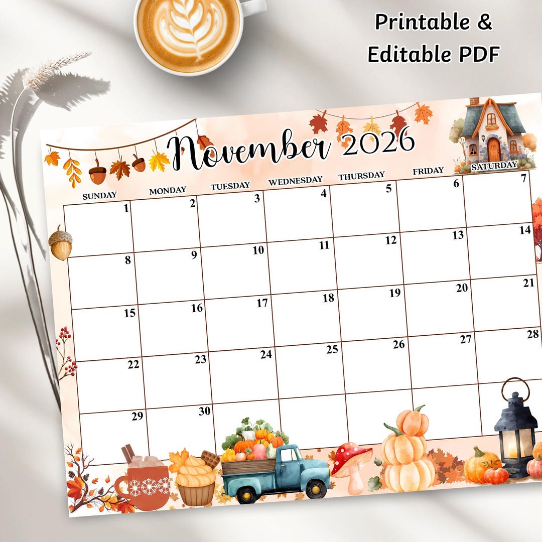 Editable November 2026 Calendar, PDF Editable, Fall Printable Planner ...