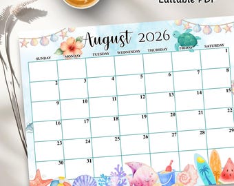 Calendario de agosto de 2026 editable (PDF editable), planificador de verano imprimible, organizador rellenable para el hogar, la escuela y la oficina, descarga instantánea.