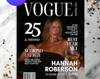 Canvassjabloon verjaardag tijdschriftomslag | Bewerkbare verjaardagsaandenken | Aangepast verjaardagscadeau voor beste vriend | Stijltijdschrift Vogue