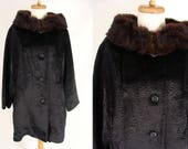 Faux Sheared Persian Lamb Coat with Real Mink Fur Collar. vintage 50s 60s Black Fur Winter Dress Coat. Size M Medium