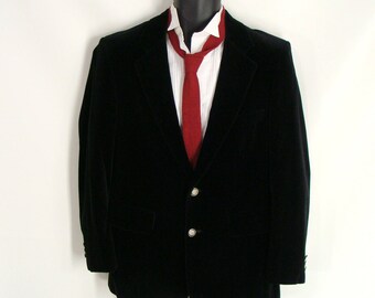 80s Mens Black Velvet Sportcoat Dinner Jacket with silver Horse Buttons size 40 S M