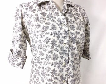50s 60s Black and White Floral Top Glenbrooke Penney's Penn Prest Cotton Blouse XS 2 3