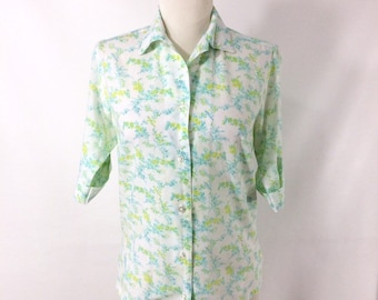 50s 60s Spring Green Yellow Blue Floral Top Glenbrooke Penney's Penn Prest Cotton Summer Blouse XS 2 3 4