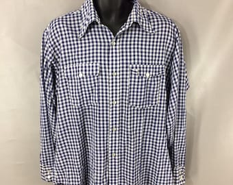 men's 70s 80s LEVI'S Blue Gingham Check Plaid Button Front Long Sleeve Shirt with Flap Pockets Western Cowboy XL