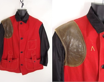 rare 50s Red Hunting Jacket. Skeet Shooting Rifleman Coat. Canvas Duck Cloth Leather Shoulder Patch. Hunter Gift for Him L XL