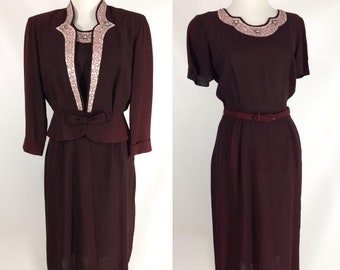 50s Gloria Swanson 2pc Beaded Rhinestone Burgundy Dress & Jacket Ensemble. Sophisticated Smart Dress Suit Forever Young. Size S M 6 8