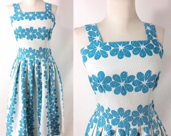 50s Teal Turquoise Blue White Floral Hawaaian Print Day Dress Sundress XS 0 2