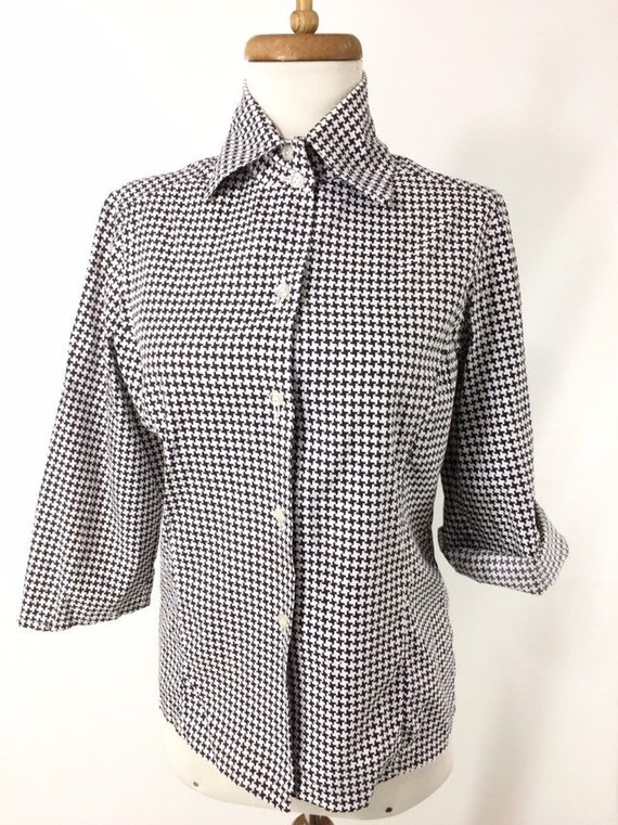 50s 60s Black and White Houndstooth Blouse. HIgh … - image 3