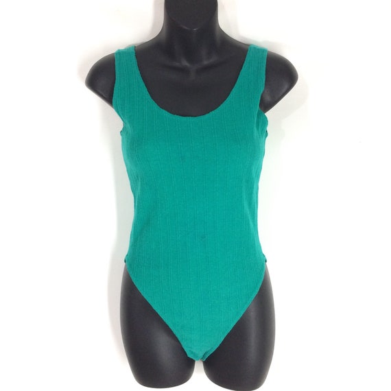 80s Teal Green Spandex Leotard Bodysuit Snap Crotch Jane Fonda Workout Costume Betty Blue High Cut Leg Stretchy Aerobics Onesie Size M S