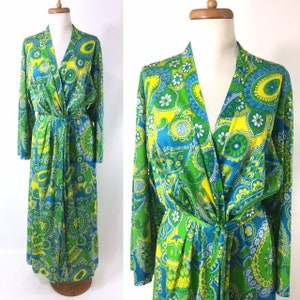 70er Jahre Psychedelic Seidiger Luxus, Blau Grün Gelb Floral Paisley Robe Nylon Hausmantel Maxi Wickelkleid Kleid M L
