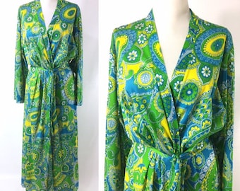 70s Psychedelic Silky Luxury, Blue Green Yellow Floral Paisley Robe Nylon Housecoat Maxi Wrap Dress Gown M L