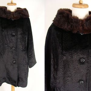 Black Faux Fur Sheared Persian Lamb Coat with Mink Fur Collar. 50s 60s Winter Dress Coat. Size M Medium