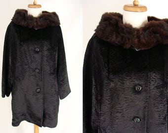 Black Faux Fur Sheared Persian Lamb Coat with Mink Fur Collar. 50s 60s Winter Dress Coat. Size M Medium