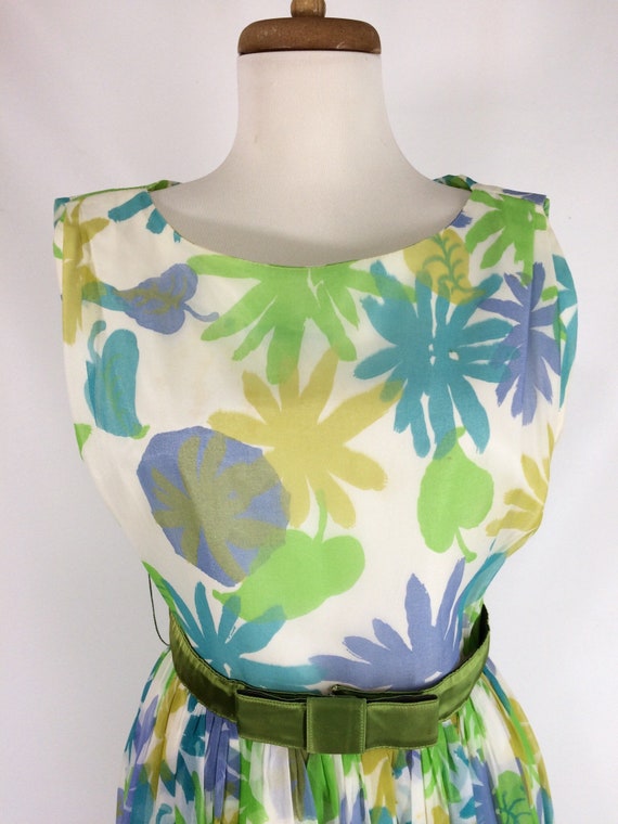 50s Floral Party Dress. Blue Yellow Green Chiffon… - image 3