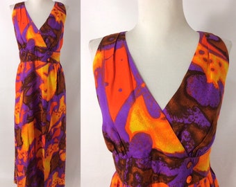 60s 70s HOLO-HOLO Purple Orange Hawaiian Sleeveless Maxi Dress, Sexy Deep V neckline and Front Slit. Tiki Party Luau Gown S to L