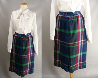 80s Blue Plaid Button Front Fall Wool Preppy College Librarian Skirt. John Meyer Skirt Size S 4 6