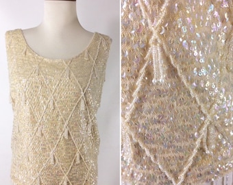 60s 70s Sparkly Beige Heavily Beaded Sequins Fringe Sleeveless Top Wool Holiday Blouse Hong Kong M L