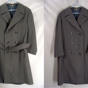 vintage 60s Military Trench Coat Mens Gray Gabardine Rain Coat Overcoat US Swiss German British? Uniform Blitz Long Great Coat 44 L XL