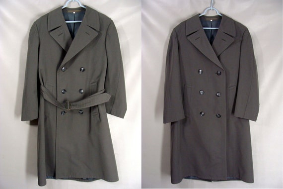 vintage 60s Military Trench Coat Mens Gray Gabard… - image 1