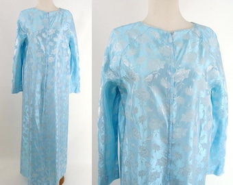 50s Blue Brocade Satin Hostess Dressing Gown House Coat Robe Dress 60s Nightgown womens size M 8