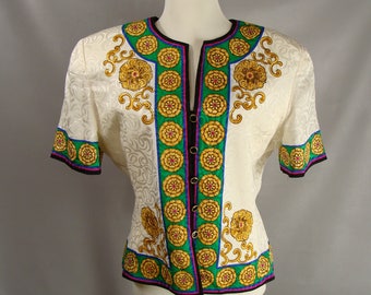 Projektant Vintage Adrianna Papell Jedwabna Bluzka z Kwiatami Krótki Rękaw Kurtka Biznesowy Elegancki Garnitur Marynarka Żakard Rozmiar 14 M L