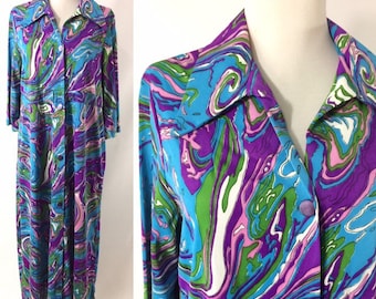 70s Psychedelic Blue Purple & Green Trippy Art Swirl Maxi Dress HOstess Gown Nightgown Robe S M