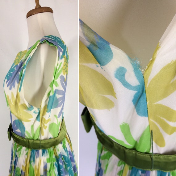 50s Floral Party Dress. Blue Yellow Green Chiffon… - image 5