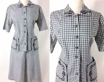 50s Joyce Hubrite Gray White Checked Summer Skirt and Top Set. Soutache Stitch and Rhinestone Embellishments S M
