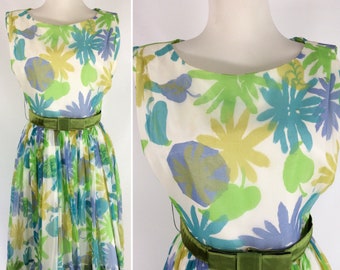 50s Floral Party Dress. Blue Yellow Green Chiffon Prom Dress Size XS 2 S 4