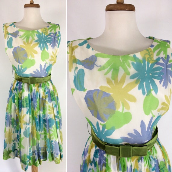 50s Floral Party Dress. Blue Yellow Green Chiffon… - image 1